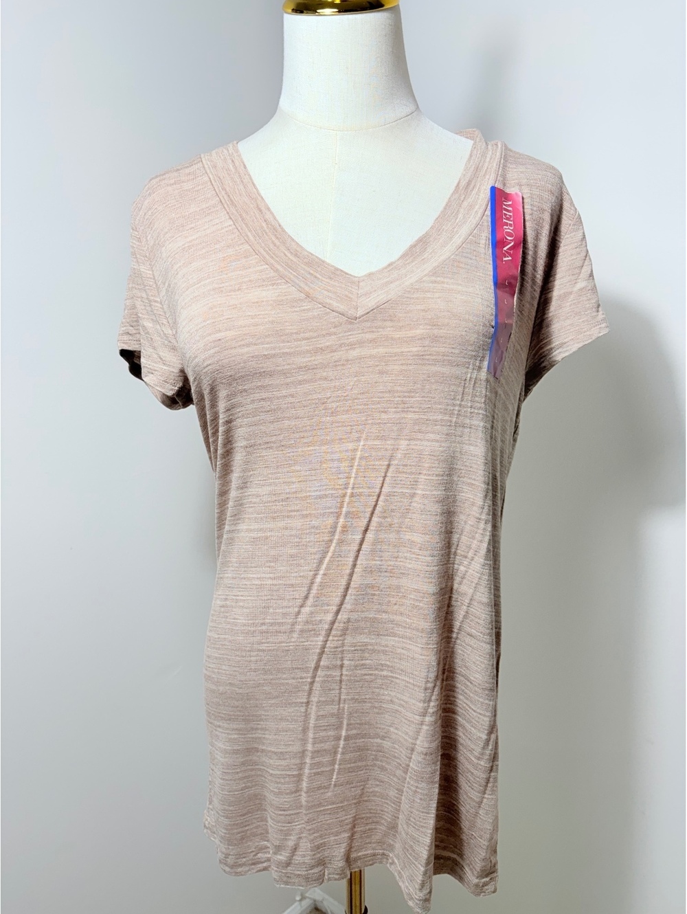 Mefiona Women's Large Oatmeal Heathered V-Neck Short Sleeve Jersey Top